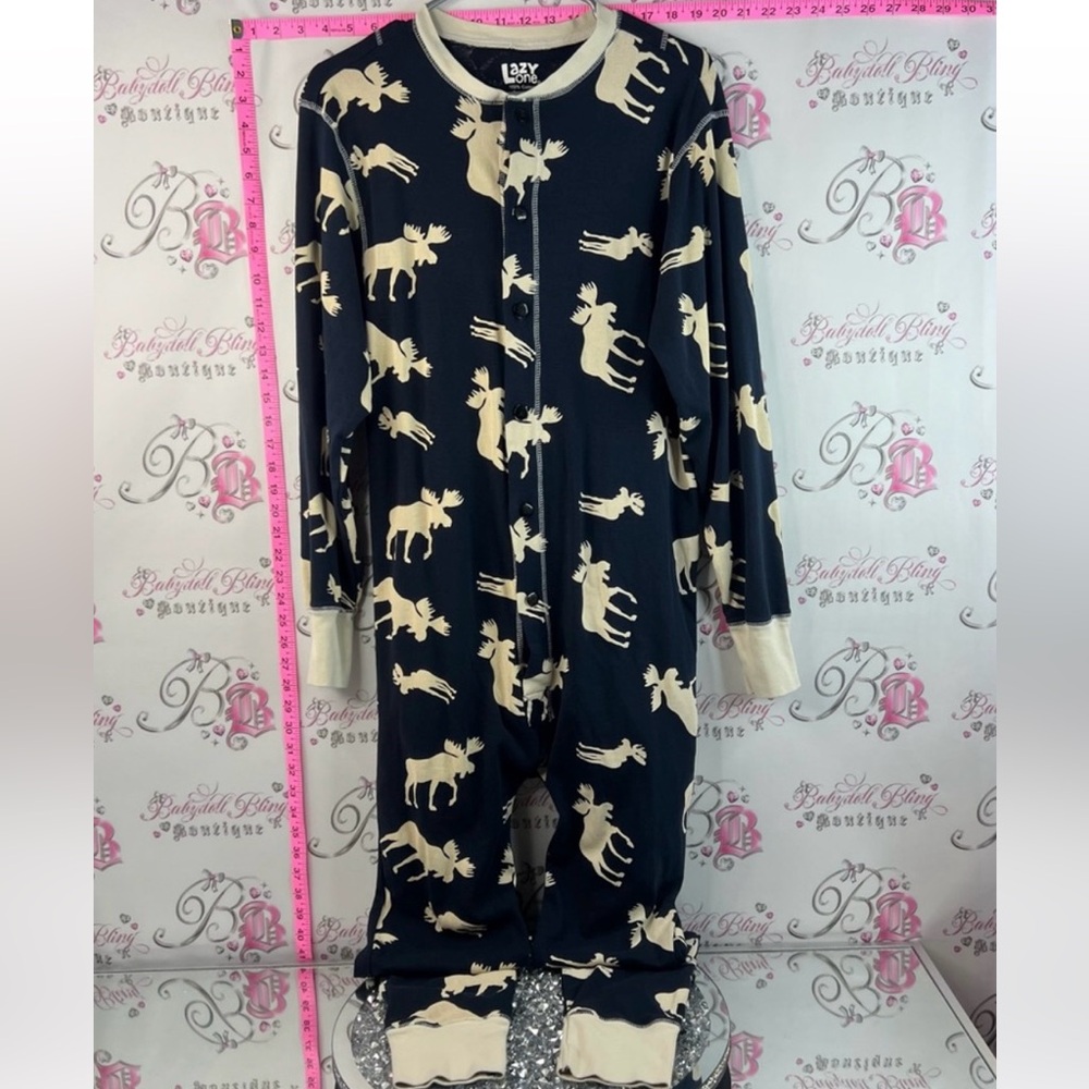 Lazy One Onsie pj pants moose’s Navy and Cream Moose Print Footed Pajamas